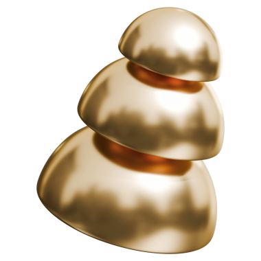 Altın katmanlı yarıküre piramit ve parlak metalik büyüme sembolü, 3d illüstrasyon