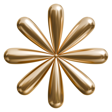 Altın radyal çiçek soyut şekli ve parlak metalik yıldız patlaması grafik sanat objesi, 3 boyutlu illüstrasyon