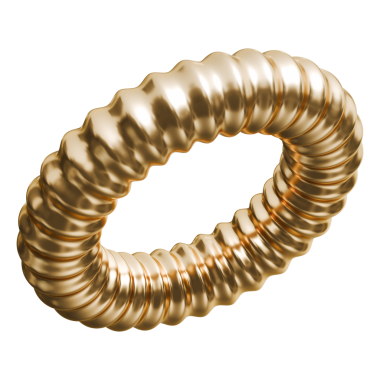 Altın tırtıklı torus geometrik nesne ve parlak metalik flütlü halka grafik sanatı, 3D illüstrasyon