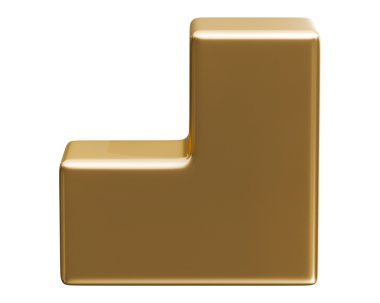 Altın I şeklinde blok soyut şekil ve parlak metalik köşe temel, 3D illüstrasyon