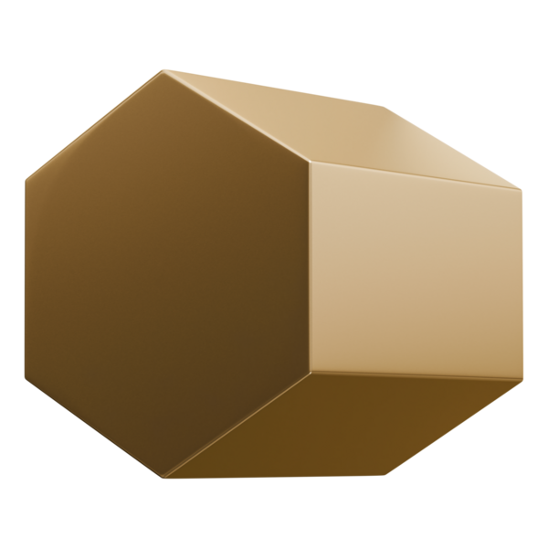 Altın altıgen blok soyut şekil ve parlak metalik minimalist grafik sanat objesi, 3d illüstrasyon