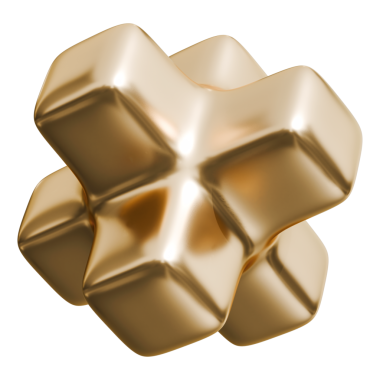 Altın eğimli 3d çapraz şekil ve altın parlak metalik yuvarlak yıldız grafikli sanat objesi, 3d illüstrasyon