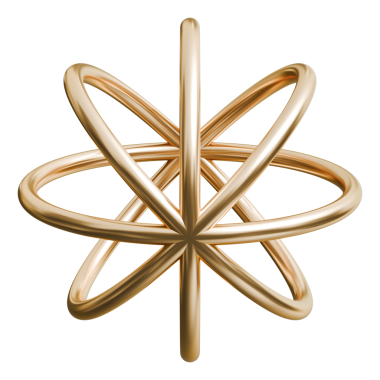 Altın dikey atom modeli soyut şekil ve altın parlak metalik kesişen halkalar yörünge grafik sanat objesi, 3d illüstrasyon
