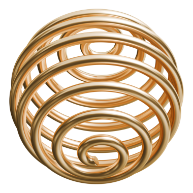 Altın dikey spiral yay küre soyut şekil ve altın parlak metalik sarmal küre grafik sanat objesi, 3D illüstrasyon