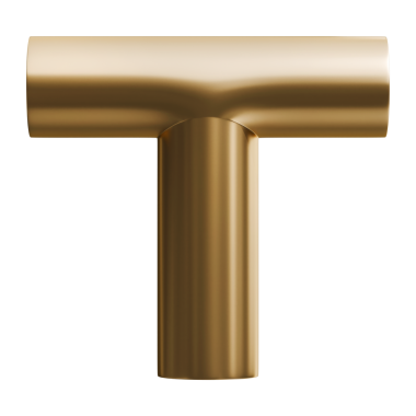 Altın tee boru konnektör soyut şekil ve altın parlak metalik üç yönlü birleşik yapı, üç boyutlu illüstrasyon