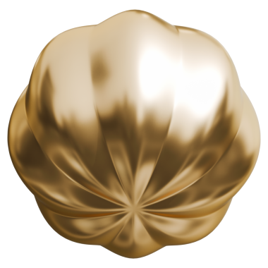 Altın kıvrımlı küresel minimalist şekil ve altın parıltılı metalik flüt geometrik yapı, 3D illüstrasyon