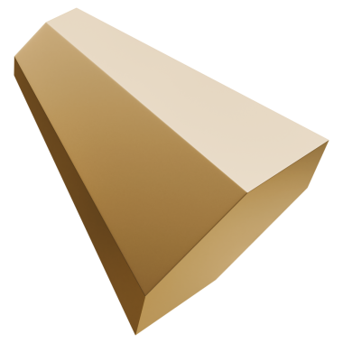 Altın yüzlü trapezoid soyut şekil ve altın renkli metalik çizgili sütun grafik sanatı, 3D illüstrasyon