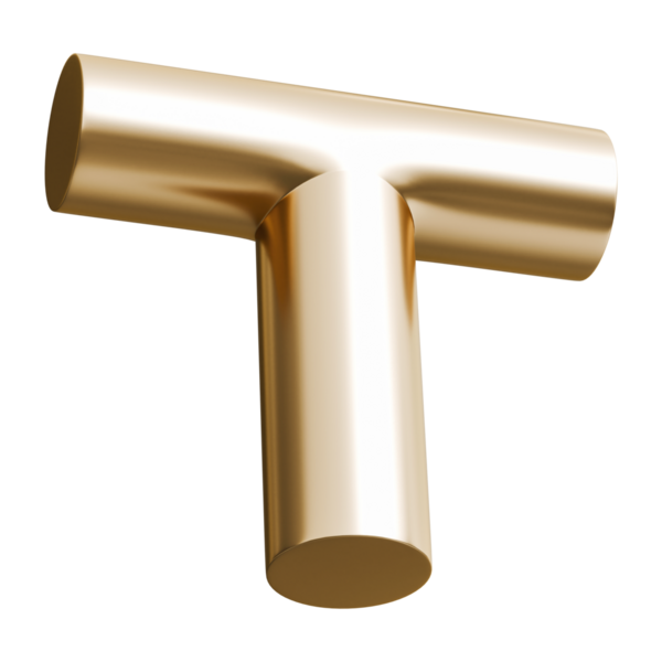 Altın tee boru konnektörü soyut şekil ve altın parlak metalik üç boyutlu birleşik ağ yapısı, 3d illüstrasyon