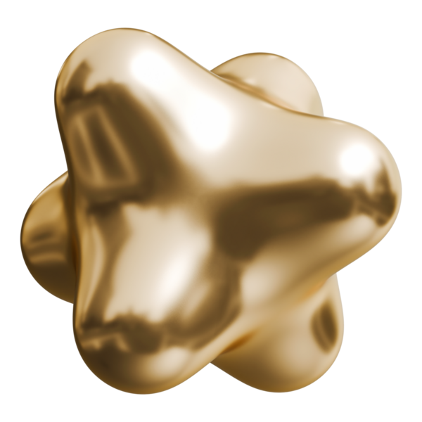 Altın eğimli kabarık yıldız soyut şekil ve altın renkli metalik organik damlacık grafik sanat objesi, 3d illüstrasyon