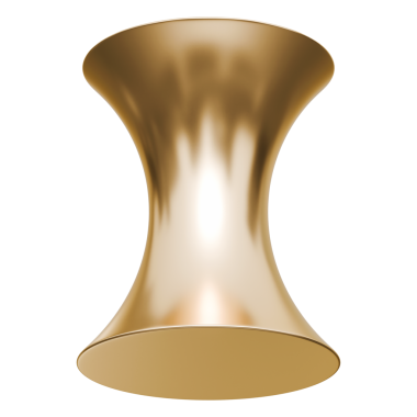 Altın kum saati hiperboloid soyut şekil ve altın parlak metalik kıvrımlı sütun yapısı, 3d illüstrasyon