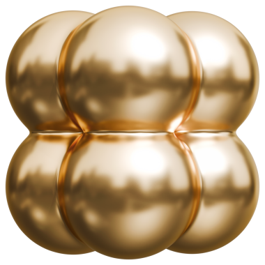 Altın renkli kabarcık küpü soyut şekil ve altın parlak metalik küreler küme yapısı, 3D illüstrasyon