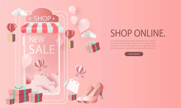 Papírové Umění Nakupování Line Smartphone Nové Koupit Prodej Propagace Růžové — Stockový vektor