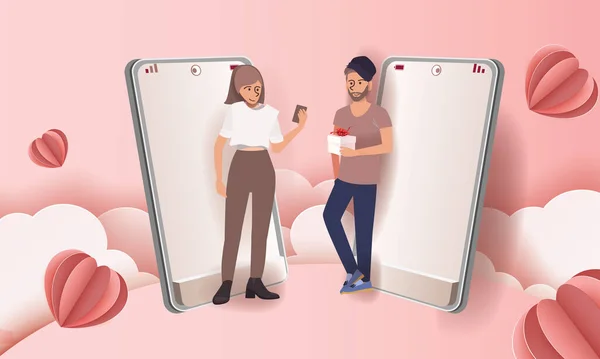 Couple Amour Dans Téléphone Mobile Envoyé Cadeau Coeur Rose Amour — Image vectorielle