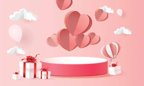 Pódium Červené Pozadí Produktu Pro Valentine Pink Srdce Láska Romantika — Stockový vektor