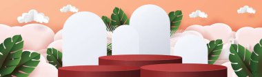 3d geometrik podyum modelleme yaprağı tropikal netural konsept vitrin yeşil arkaplan soyut asgari sahne ürünü sunumu için