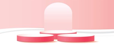 Sevgililer Günü için 3d podyum kırmızı ürün arka planı. Pembe ve kalp aşk konsepti tasarım vektör illüstrasyon dekorasyon pankartı 