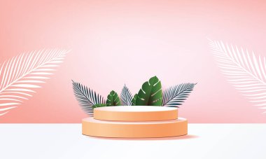 3d geometrik podyum mockup yaprak tropikal netural konsept showcase pembe arkaplan soyut minimal sahne sunum vektörü ilüstrasyon