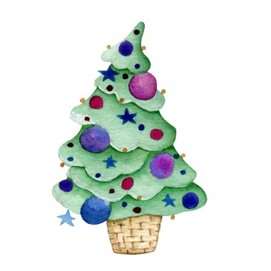 Beyaz arkaplanda izole edilmiş suluboya el resmi Noel ağacı çizimi