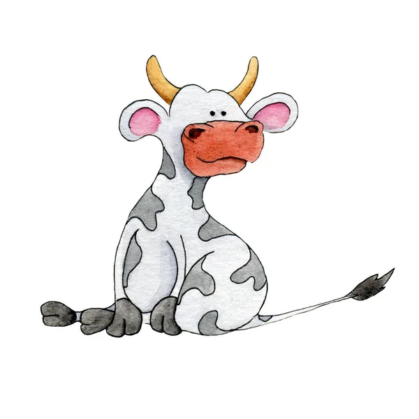 Watercolor cow funny sits isolated on white background — Stock Photo, Image