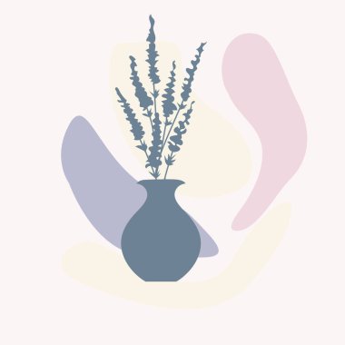 İçinde tropikal bitkiler ve soyut renkli şekiller olan vazolar.