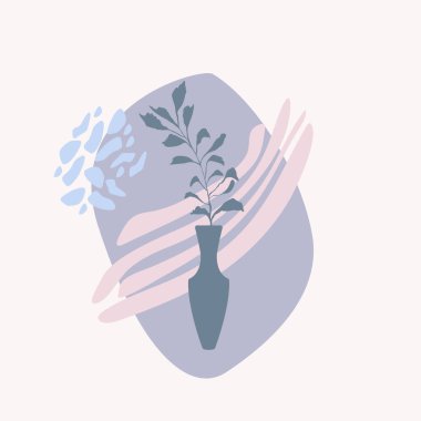 İçinde tropikal bitkiler ve soyut renkli şekiller olan vazolar.