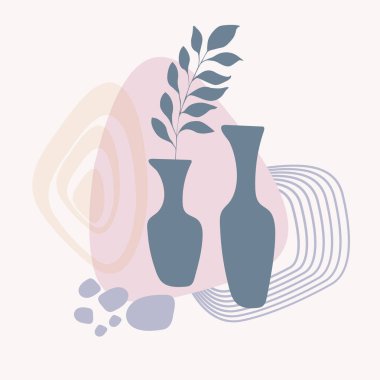 İçinde tropikal bitkiler ve soyut renkli şekiller olan vazolar.