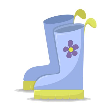 Yağmur botları mavi ve çiçek beyaz arkaplanda izole