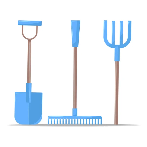 Gardening tools shovel rack pitchfork isolated on white — Stock Vector