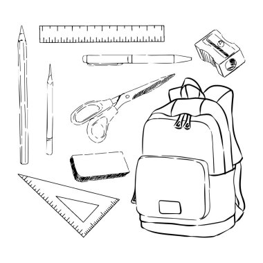 Okul malzemeleri beyaz arka planda izole edildi.