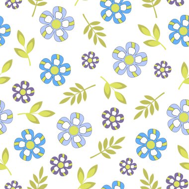 Çiçekler ve yapraklar pürüzsüz desen. Beyaz arkaplanda.