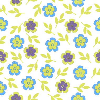 Çiçekler ve yapraklar pürüzsüz desen. Beyaz arkaplanda.