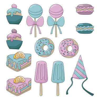 Tatlılar hazır. Renkli karikatür çizimi. Beyaz arkaplanda izole.