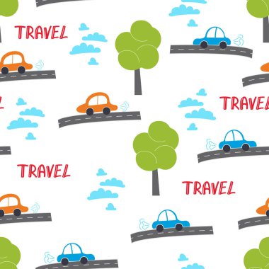 Araç, kamyon ve yol işaretleriyle nakliye teması. Beyaz arkaplanda izole edilmiş şirin ve renkli desen.