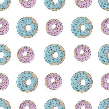 Donut kusursuz desen. Renkli karikatür çizimi. Beyaz arkaplan