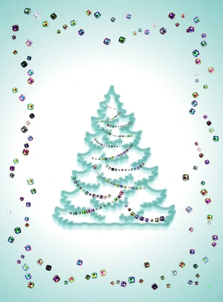 Diseño sobre un delicado fondo turquesa, árbol de Navidad hecho de piedras preciosas, diseño glamoroso para el invierno y los folletos de año nuevo, carteles, membretes, invitaciones —  Fotos de Stock