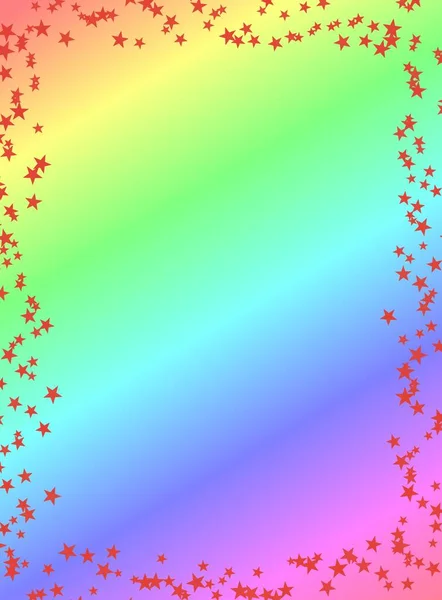 Marco de hermosas estrellas abstractas rojas en un fondo de arco iris. Invitación a una fiesta, vacaciones, fondo para notas — Foto de Stock