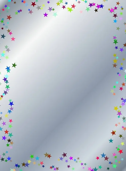 Рамка різнокольорових зірок на сірому блискучому фоні. Запрошення на вечірку, свято, фон для нотаток — стокове фото