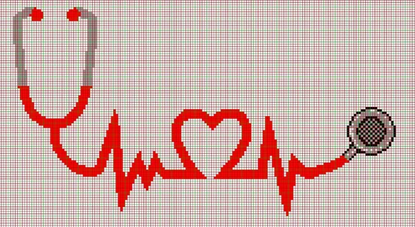 Phonendoscope and heart rate, Pixel graphics.Cross stitch design.The Jacquard Pattern,Mosaic — Stock Photo, Image