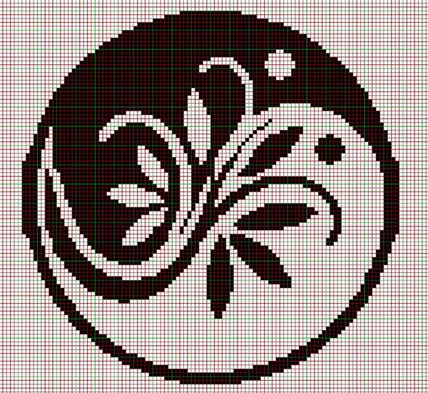 Yin-yang i kwiaty, pixel art.Cross stitch design.Jacquard wzór, mozaika, element dekoracyjny projektu graficznego w stylu orientalnym. — Zdjęcie stockowe