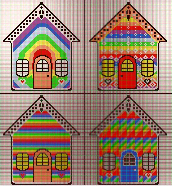 Beautiful houses.rainbow color scheme.pixel drawing.mosaic, cross-stitch as a gift to my mother .childrens creativity. — Stock Photo, Image
