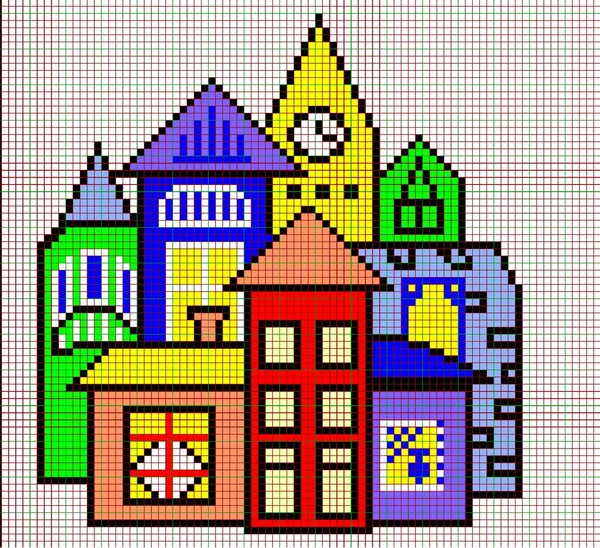 Vackra hus.rainbow färgschema.pixel Draing.mosaic, korsstygn som en gåva till min mor .childrens kreativitet. — Stockfoto