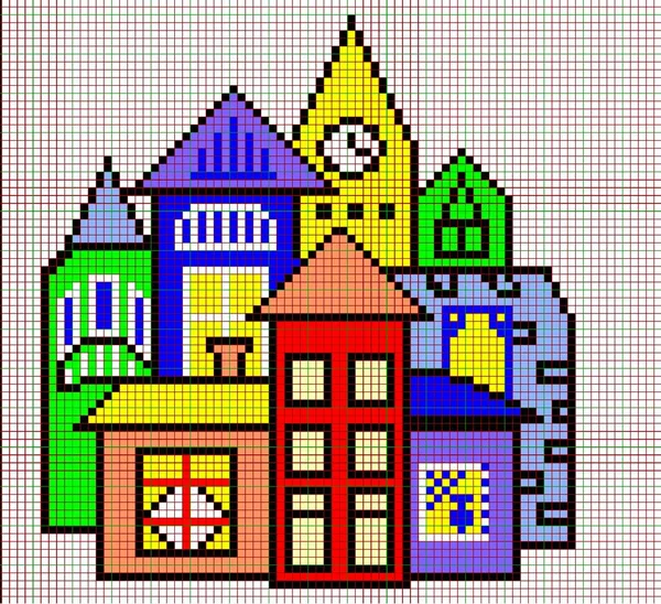 Belle houses.rainbow color scheme.pixel drawing.mosaic, point de croix comme un cadeau à ma mère .childdrens créativité. Images De Stock Libres De Droits
