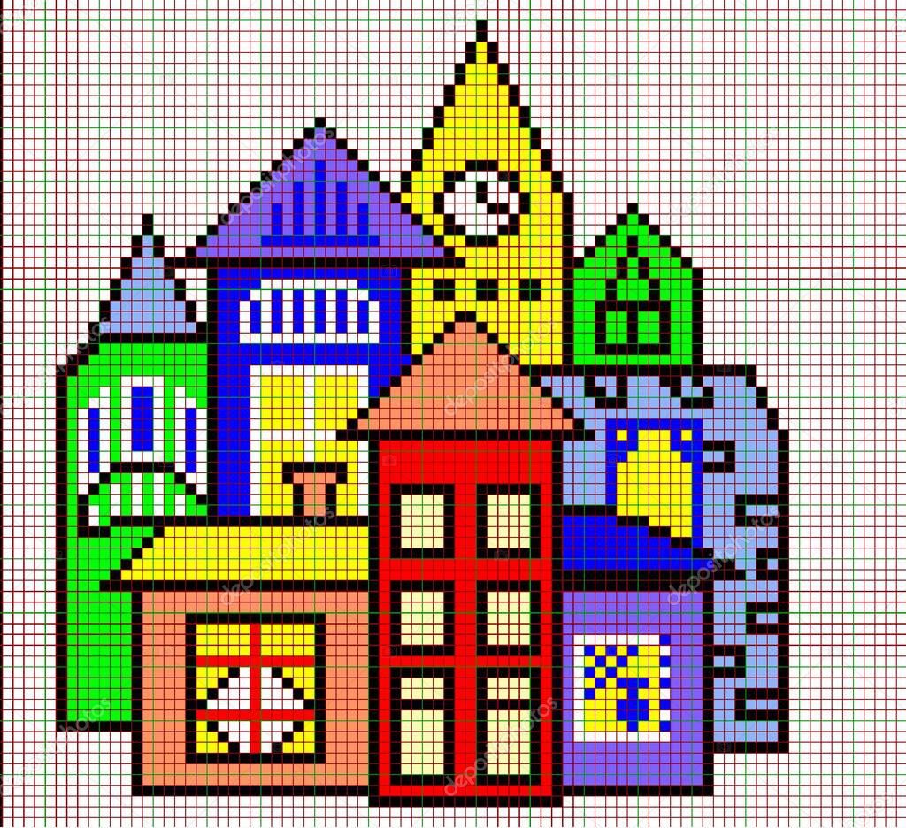 beautiful houses.rainbow color scheme.pixel drawing.mosaic, cross-stitch as a gift to my mother .childrens creativity.