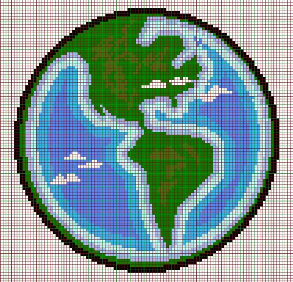 Världen över. blått vatten och gröna kontinenter, pixelkonst för design och mosaik för kreativitet — Stockfoto