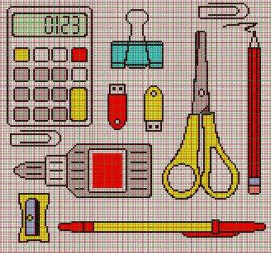 Okul kırtasiye malzemeleri. Kalem, hesap makinesi. Kalem açacağı.