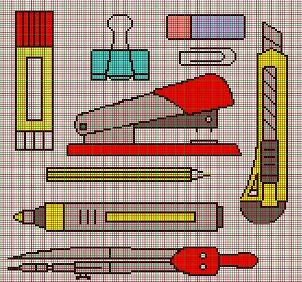 Szkolne materiały biurowe.gumka, marker, ołówek, stapler.pixel art — Zdjęcie stockowe