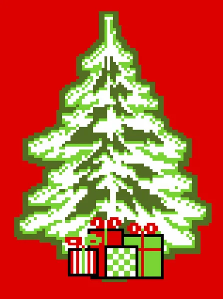 Albero di Natale pixel art, Un colorato modello di albero di Natale per biglietti di auguri, carta da parati, carta da regalo, maglieria e ricamo. Sfondo festivo — Foto Stock