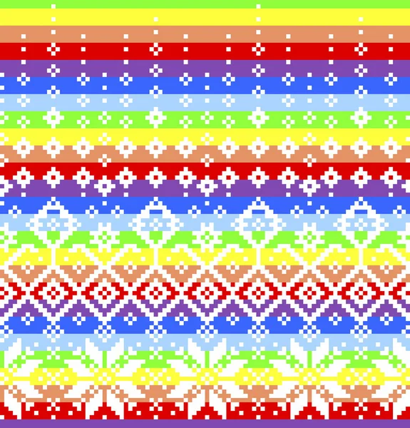 White Norwegian snowflakes on a rainbow background. pixel art, seamless background.ornament for knitting and embroidery — Stock Photo, Image