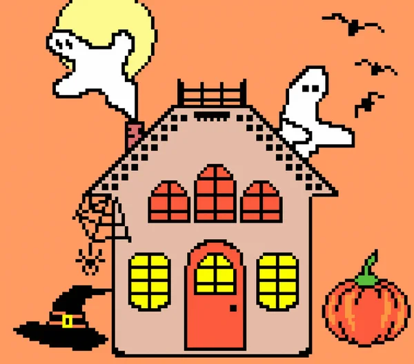 Pixelkunst zu Halloween. Kreative Zeichnung mit Vollmond und traditionellen Halloween-Elementen. Kreuzstich, Jacquard-Strickmuster. — Stockfoto
