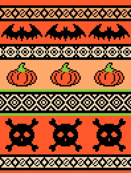 Halloween, pixel art. seamless pattern with bats hats and skulls, repeating background for embroidery and knitting,Seamless knitting pattern